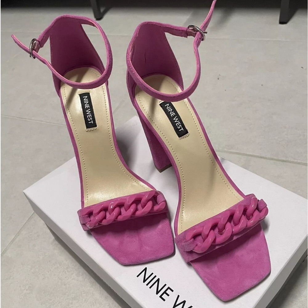 nine west women’s shoes sandals heels medium pink suede size 7.5 NEW $89.99+tax